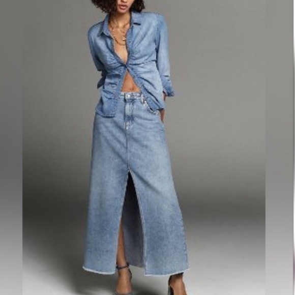 Pilcro Dresses & Skirts - NEW Anthropologie Pilcro Maxi Denim Skirt Madi Front Slit Denim Skirt 6 Petite